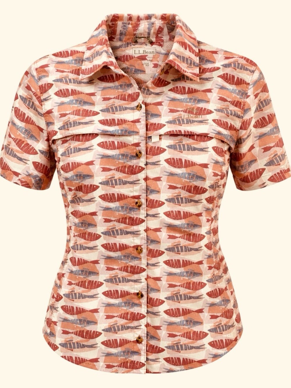 UPF50+ L.L. Bean Short-Sleeve Button Shirt in Coral and Blue Fish Print.Wms med